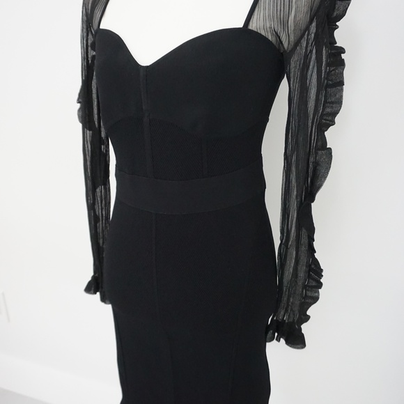 Herve Leger Black Ruffle Sheer Sleeve Corset Midi Dress Evening Cocktail Holiday - Picture 2 of 16
